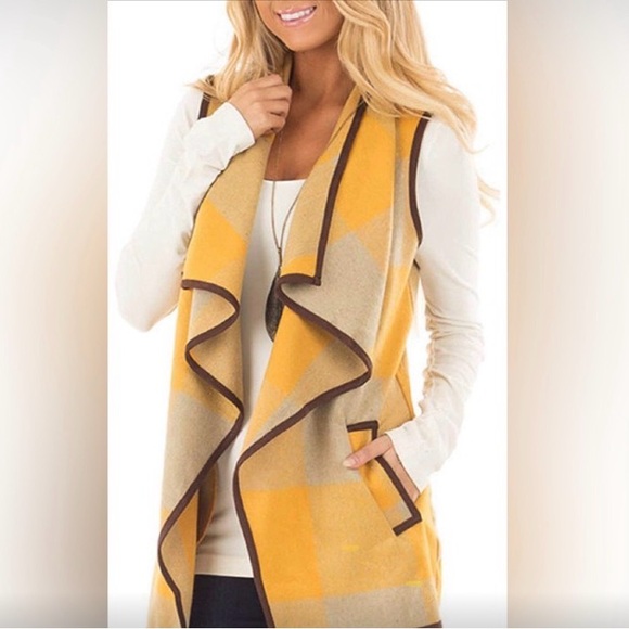 Jackets & Blazers - Women's soft Yellow/Gray/Brown Plaid Vest